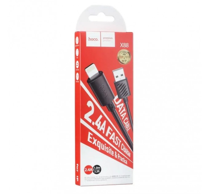 HOCO Кабель Hoco X88 Gratified USB - Lightning  (M/M), 1 м, Black (6931474783301)