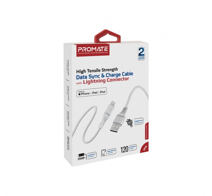 Promate Кабель Promate USB - Lightning (M/M), 2.4 A, 1.2 м, PowerLine-Ai120 White
