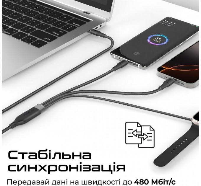 Promate Кабель Promate USB Type-C - 2хUSB Type-C 100W Apple Watch Charger 5W (M/M), 5A, 1.4 м, Black (fusion-ccw.black)