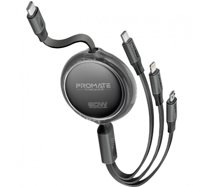 Promate Кабель Promate USB Type-C - USB Type-C Lightning microUSB (M/M), 3A, 60W, 1.1 м, Black (triocord-r.black)