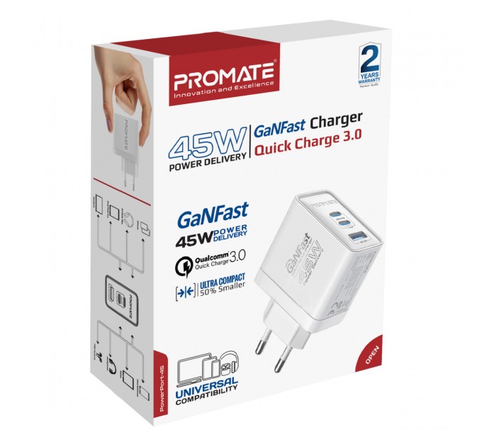 Promate Зарядний пристрій Promate PowerPort 45W White