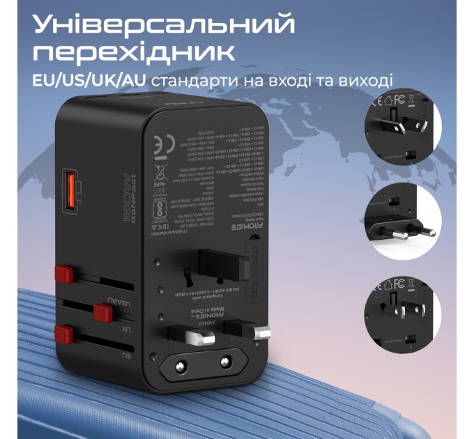 Promate Зарядний пристрій Promate TripMate-GaN160 160W Black
