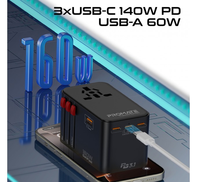 Promate Зарядний пристрій Promate TripMate-GaN160 160W Black
