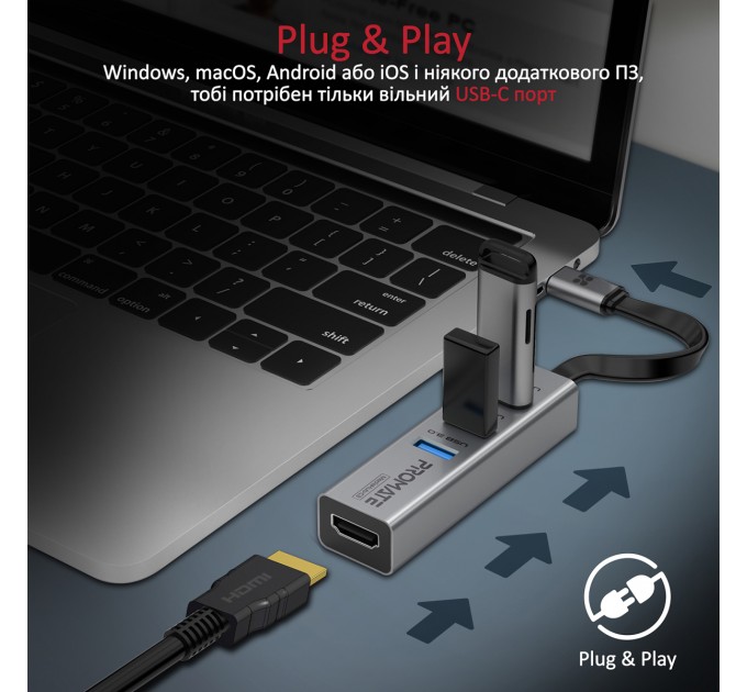 Promate USB-хаб Promate MediaHub-C3 USB Type-C Grey