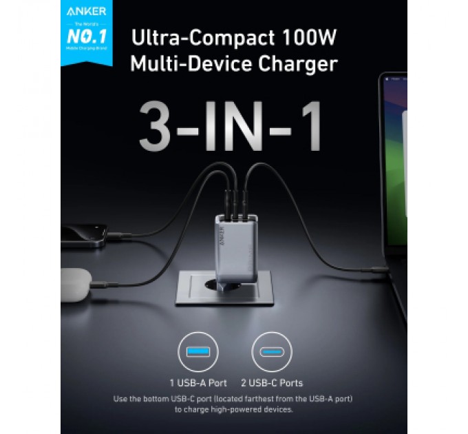 Anker Зарядний пристрій Anker GaNPrime 100W 2xUSB-C PD + 1xUSB-A Foldable Silver (A2688341)