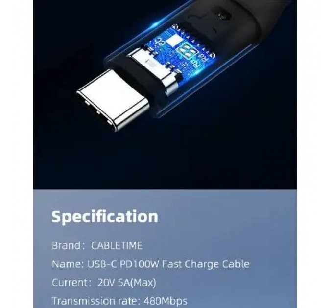 Cabletime Кабель Cabletime USB Type-C - USB Type-C (M/M) PD 100W, 2 м, Black (CU02L)
