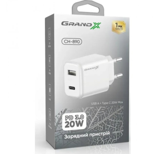 Зарядний пристрій Grand-X CH-890 Fast Charge 1xUSB-C PD20W + 1xUSB QC4.0 + AFC SCP FCP Black (CH-890)