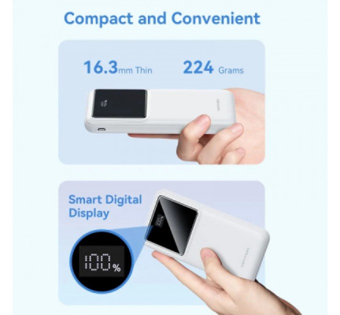 Батарея універсальна Vention 10000mAh 22.5W 3A PD, QC/3.0, LED Display, White (FHKW0)