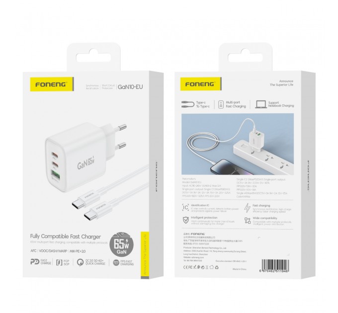 Foneng Зарядний пристрій Foneng GaN10 (1хUSB, 2хUSB-C) 65W White (GaN10-EU-CH-TC-W) + кабель USB Type-C