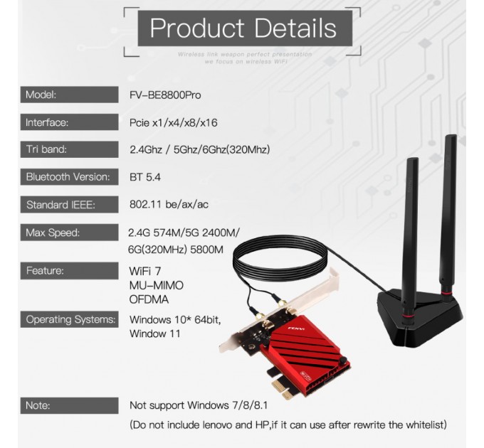 Бездротовий адаптер Fenvi FV-BE8800Pro Wi-Fi 7, Bluetooth 5.4 Gaming Tri Band 2.4G/5G/6GHz