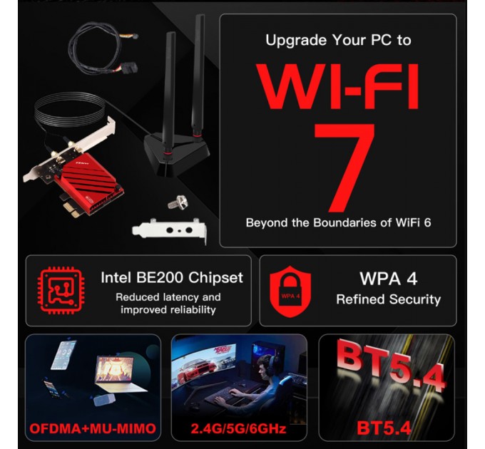 Бездротовий адаптер Fenvi FV-BE8800Pro Wi-Fi 7, Bluetooth 5.4 Gaming Tri Band 2.4G/5G/6GHz