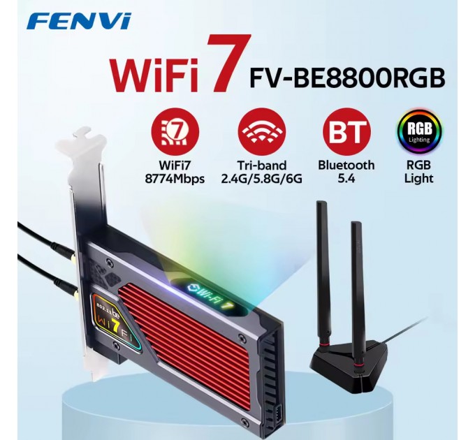 Бездротовий адаптер Fenvi FV-BE8800RGB Wi-Fi 7, Bluetooth 5.4 Gaming Tri Band 2.4G/5G/6GHz
