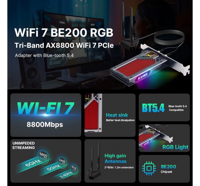 Бездротовий адаптер Fenvi FV-BE8800RGB Wi-Fi 7, Bluetooth 5.4 Gaming Tri Band 2.4G/5G/6GHz