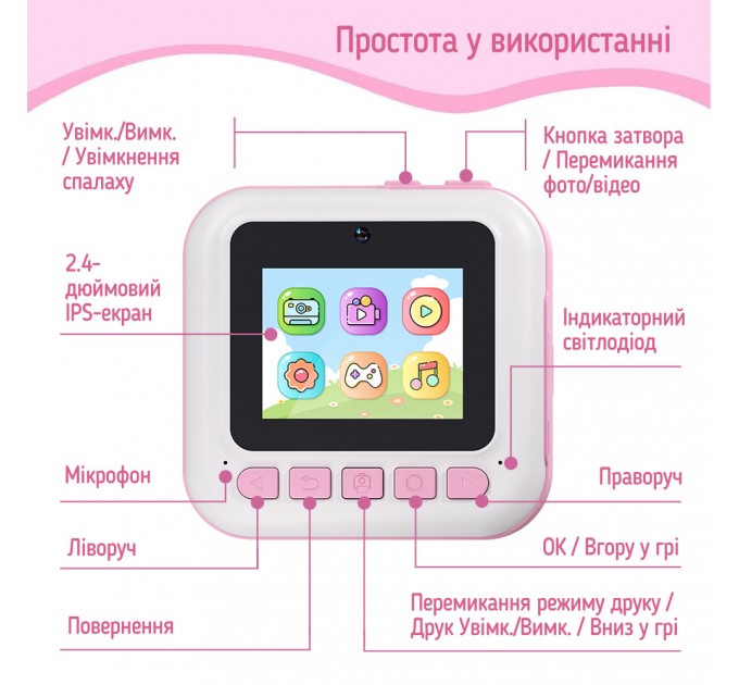 ColorWay Дитячий фотоапарат ColorWay з функцією моментального друку Pink (CW-PHP01P)