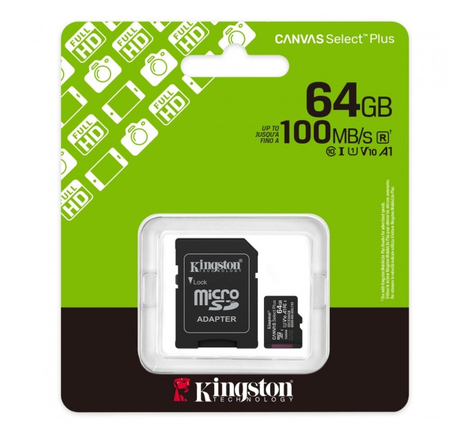 Карта пам`яті MicroSDXC 64GB UHS-I Class 10 Kingston Canvas Select Plus R150MB/s + SD-адаптер (SDCS3/64GB)