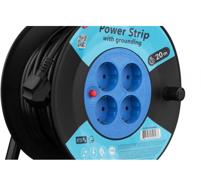 2E Мережевий подовжувач на котушці 2E 4XSchuko, ІР20, 3G*1.5мм, 20м, black (2E-CR4315IP20M20)