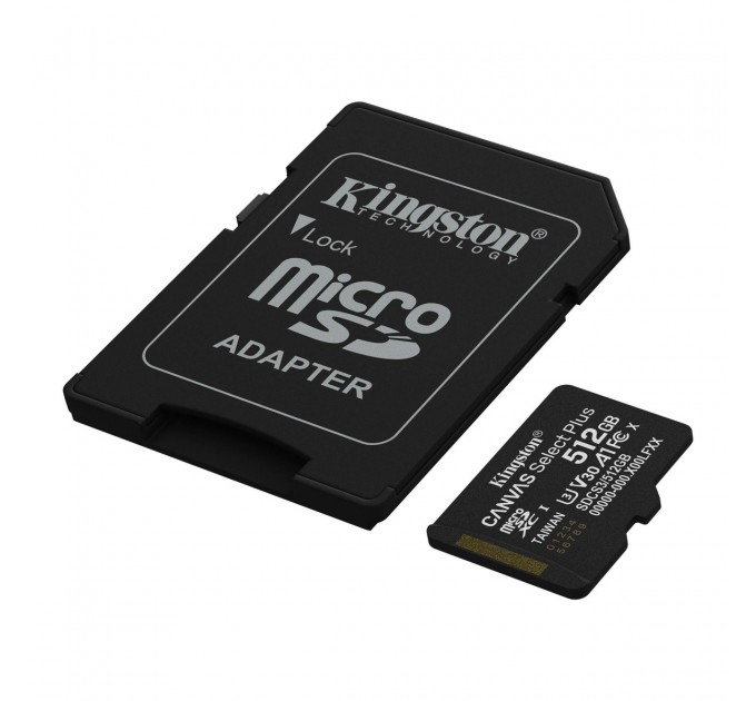 Карта пам`яті MicroSDXC 512GB UHS-I Class 10 Kingston Canvas Select Plus R150MB/s + SD-адаптер (SDCS3/512GB)