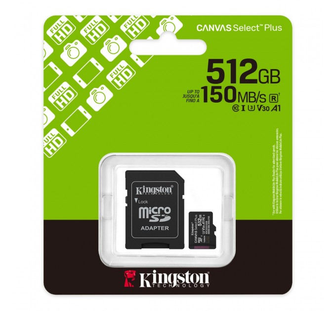 Карта пам`яті MicroSDXC 512GB UHS-I Class 10 Kingston Canvas Select Plus R150MB/s + SD-адаптер (SDCS3/512GB)