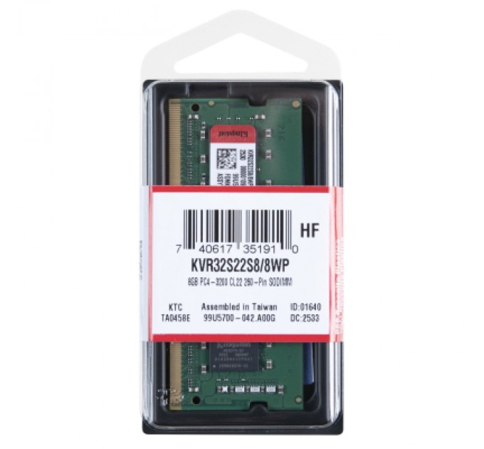 Kingston Модуль пам'яті для ноутбука SoDIMM DDR4 8GB 3200 MHz Kingston (KVR32S22S8/8WP)