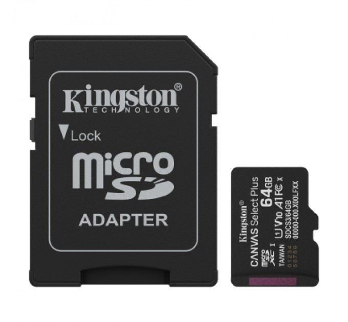 Kingston Карта пам'яті Kingston 64GB microSDXC class 10 UHS-I V10 A1 Canvas Select Plus (SDCS3/64GB)