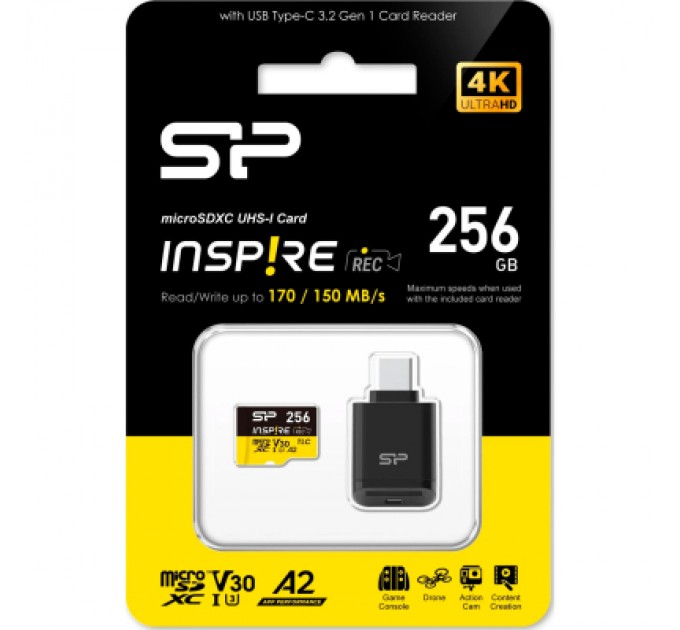 Silicon Power Карта пам'яті Silicon Power 256GB microSDXC class 10 UHS-I U3 V30 A1 Inspire (SP256GBSTXLA2V1NSP)