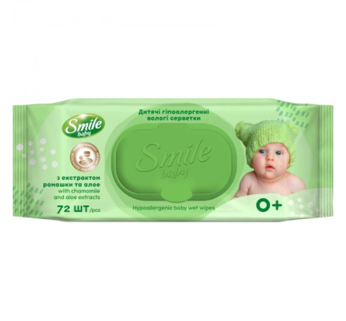 Дитячі вологі серветки Smile baby з екстрактом ромашки, алое і вітамінним комплексом з клапаном 72 шт (4823071653984)