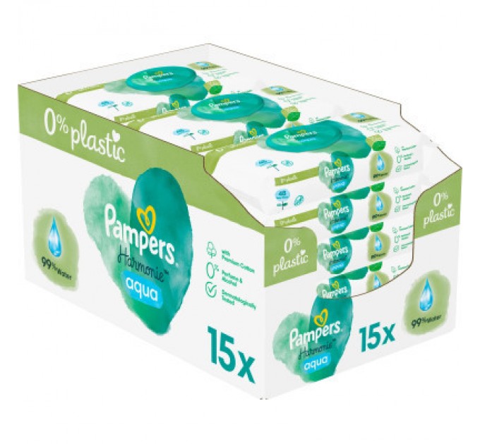 Дитячі вологі серветки Pampers Harmonie Aqua 15 пачок x 48 шт (8006540510247)