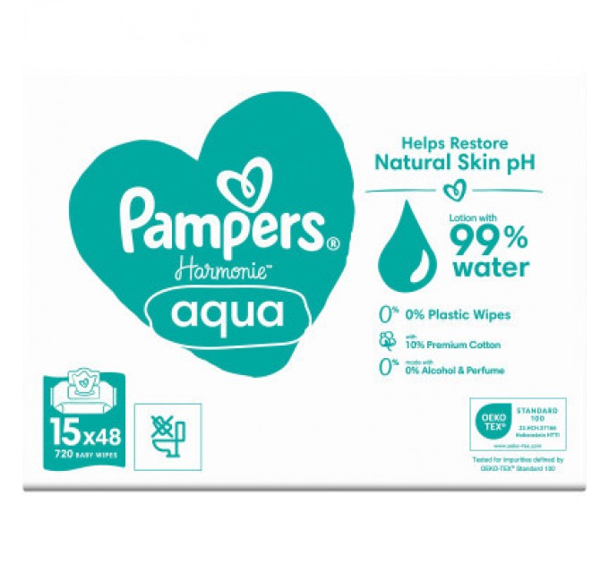 Дитячі вологі серветки Pampers Harmonie Aqua 15 пачок x 48 шт (8006540510247)