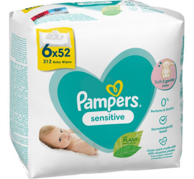 Дитячі вологі серветки Pampers Sensitive 6 пачок х 52 шт (8001841041452)