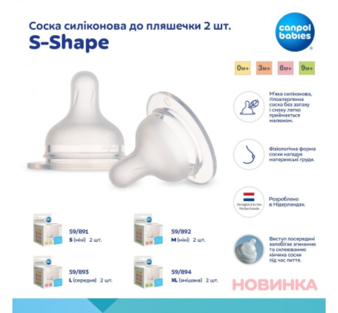 Соска Canpol babies силіконова до пляшечки S-Shape S (міні) 2 шт (59/891)