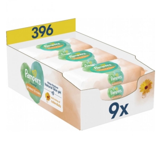 Дитячі вологі серветки Pampers Harmonie Protect&Care з календулою 9 пачок х 44 шт (8700216250559)