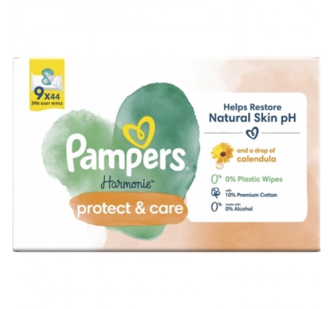 Дитячі вологі серветки Pampers Harmonie Protect&Care з календулою 9 пачок х 44 шт (8700216250559)