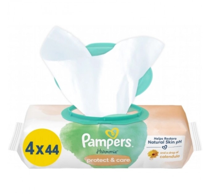 Дитячі вологі серветки Pampers Harmonie Protect&Care з календулою 4 пачки х 44 шт (8700216250580)