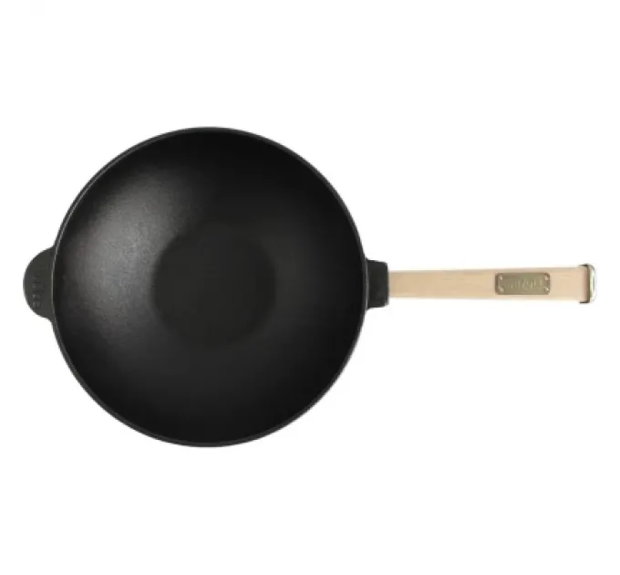 Сковорода Brizoll чавунна WOK з дерев'яною ручкою та скляною кришкою 2,2 л 240х70 мм (W24H-6)