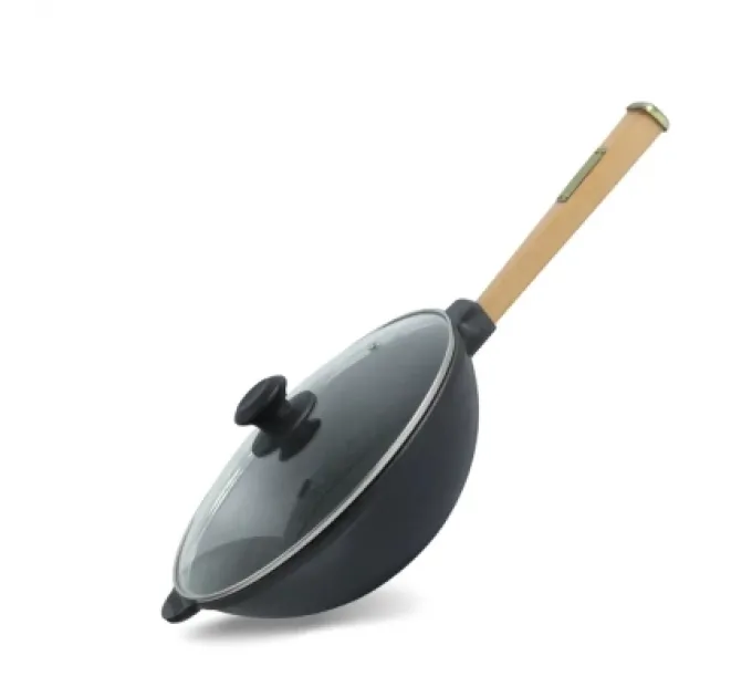 Сковорода Brizoll чавунна WOK з дерев'яною ручкою та скляною кришкою 2,2 л 240х70 мм (W24H-6)