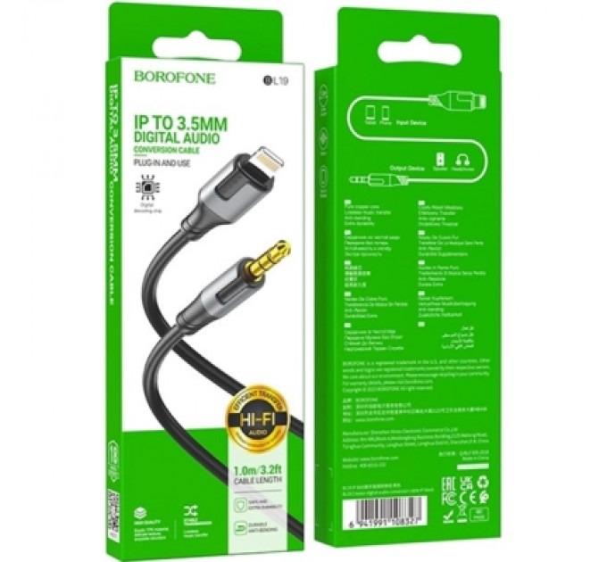 Кабель мультимедійний Lightning to 3.5mm M 1.0m BL19 black BOROFONE (6941991108327)