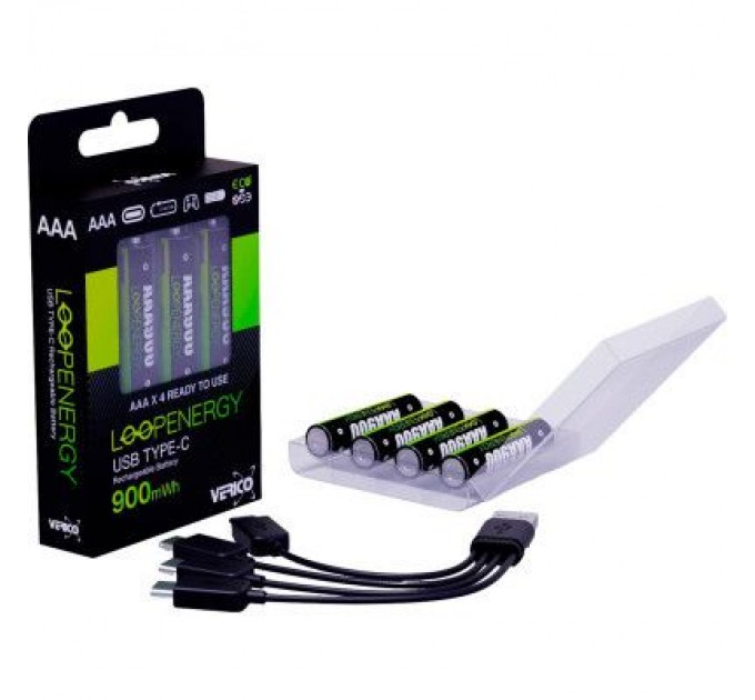 Акумулятор Verico AAA USB Type-C 600mAh 1.5V Li-ion * 4 (LoopEnergy) (1UDBT-A2WEBC-NN)