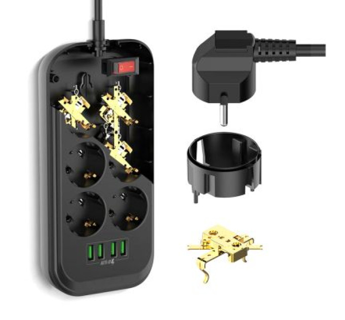ColorWay Мережевий фільтр живлення ColorWay CW-CHE64B, 6 розеток/4USB Black (CW-CHE64B)