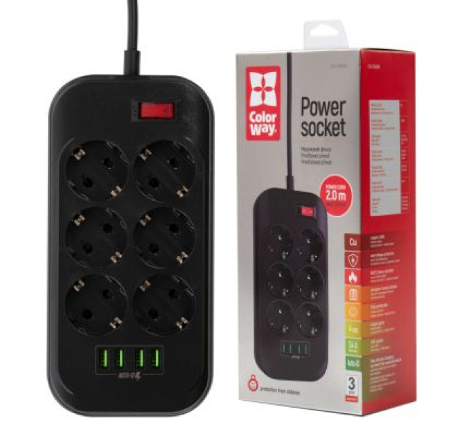 ColorWay Мережевий фільтр живлення ColorWay CW-CHE64B, 6 розеток/4USB Black (CW-CHE64B)