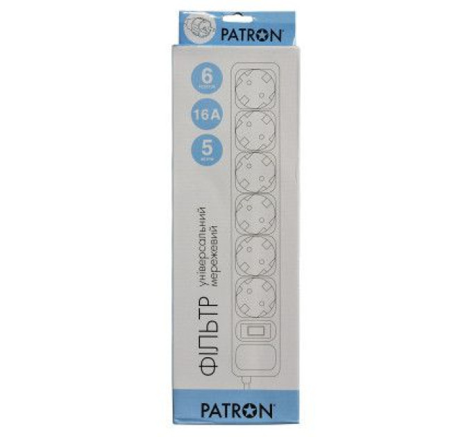 Patron Мережевий фільтр живлення Patron 5.0 m, 3*1.5mm2 (SP-1655) 6 розеток BLACK (EXT-PN-SP-1665)