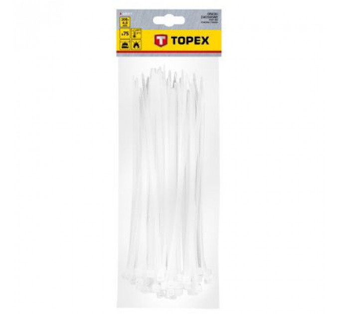 Стяжка Topex біла, 4.8х200 мм, пластик, 75 шт. (44E977)