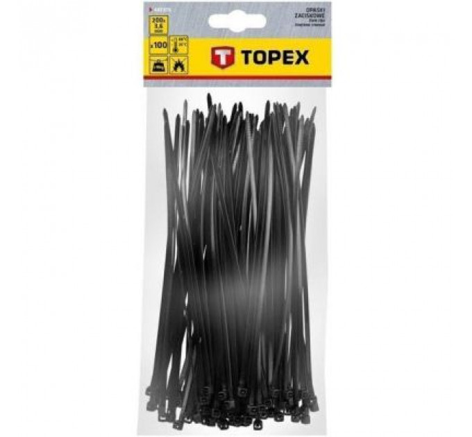 Стяжка Topex чорна, 3.6x200 мм, пластик, 100 шт. (44E976)
