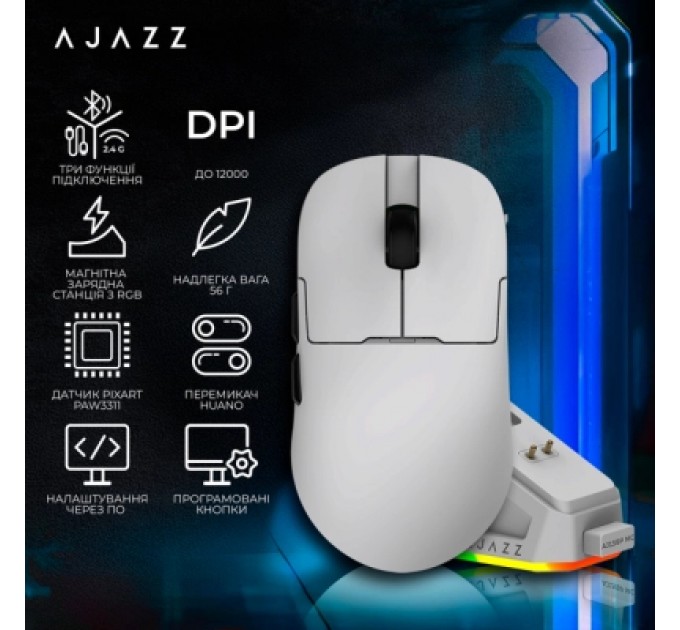 Мишка Ajazz AJ159P MC Wireless/Bluetooth/USB Charging Dock White (AJ159P-MC-W)