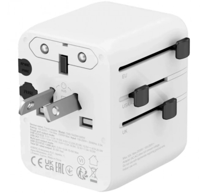 Canyon Зарядний пристрій Canyon OnTour 20 2xUCB-C + USB-A EU/UK/US/AUS 20W White (CNS-TA20W1005W)