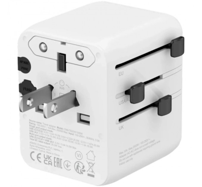 Canyon Зарядний пристрій Canyon OnTour 20 2xUCB-C + USB-A EU/UK/US/AUS 20W White (CNS-TA20W1005W)