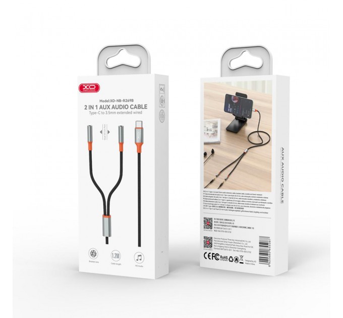 Кабель XO AUX 2х3.5 мм - USB Type-C (F/M), 1 м, Black (NB-R269B.black)