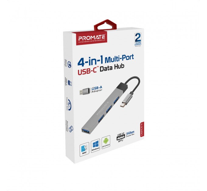 Promate USB-хаб Promate LiteHub-4 USB Type-C Grey