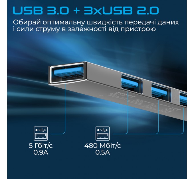 Promate USB-хаб Promate LiteHub-4 USB Type-C Grey
