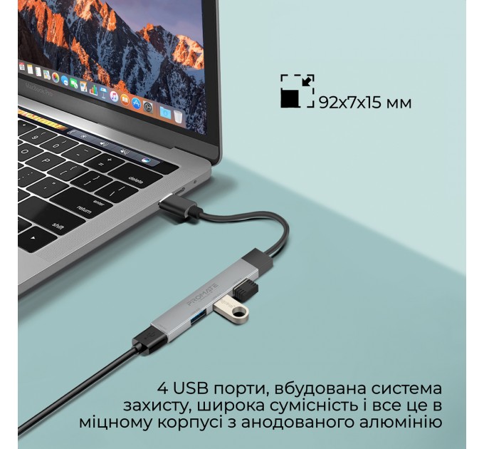Promate USB-хаб Promate LiteHub-4 USB Type-C Grey