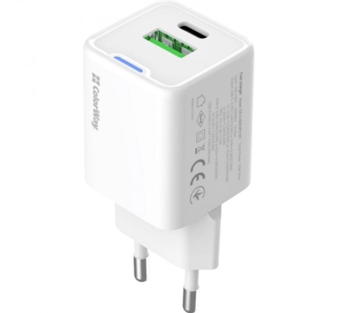 ColorWay Зарядний пристрій ColorWay GaN Mini 30W PD Port PPS USB (Type-C PD + USB QC4.0) white (CW-CHS053PD-WT)
